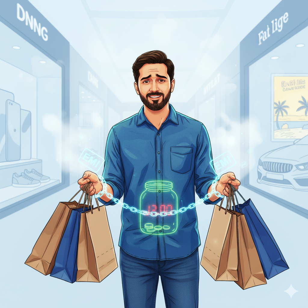 Concept image explaining why people overspend and rely on EMIs instead of mindful personal finance